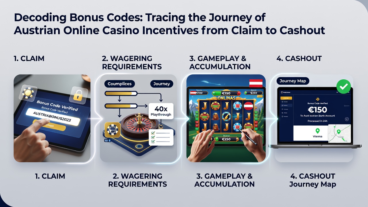 Flowchart diagram depicting the stages from bonus code claim through wagering completion to cashout in online casino systems