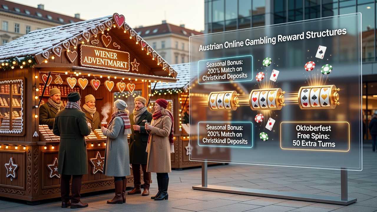 Traditional Viennese Christmas market stalls at dusk with lights reflecting patterns seen in seasonal gambling promotions